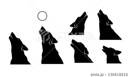 Black Solid Dog Howling at Moon Silhouettes Set of Six on White Background 136818818