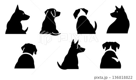 Black Solid Dog Looking Back Silhouettes Set of Six on White Background 136818822