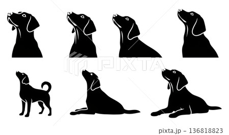 Black Solid Dog Looking Up Silhouettes Set of Six on White Background 136818823
