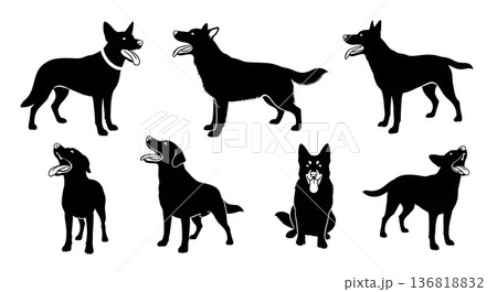 Black Solid Dog Mouth Open Variety Silhouettes Set of Six on White Background Black Solid Dog Mouth Open Variety Silhouettes Set of Six on White Background 136818832