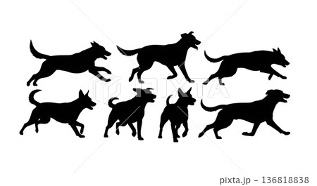 Black Solid Dog Playful Chase Silhouettes Set of Six on White Background 136818838