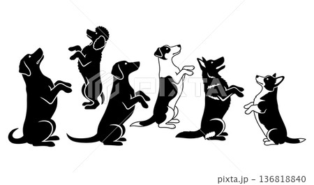 Black Solid Dog Pleading Beg Silhouettes Set of Six on White Background Black Solid Dog Pleading Beg Silhouettes Set of Six on White Background 136818840