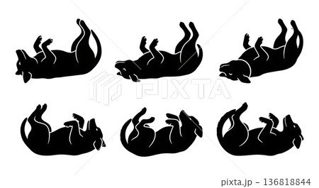 Black Solid Dog Rolling Over Silhouettes Set of Six on White Background 136818844