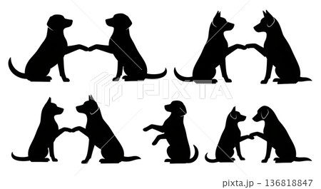 Black Solid Dog Shaking Paw Silhouettes Set of Six on White Background 136818847