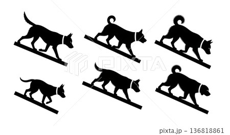 Black Solid Dog Walking Downhill Silhouettes Set of Six on White Background 136818861