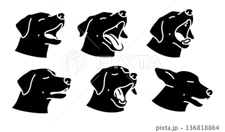 Black Solid Dog Yawning Sequence Silhouettes Set of Six on White Background 136818864