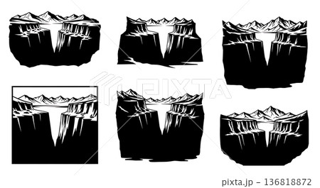 Black Solid Dramatic Canyon Mountain Silhouettes Set of Six on White Background 136818872