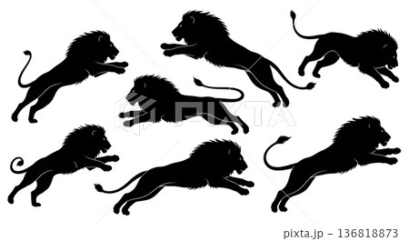 Black Solid Dramatic Leap Lion Silhouettes Set of Six on White Background 136818873