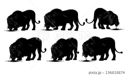 Black Solid Drinking Lion Silhouettes Set of Six on White Background 136818874