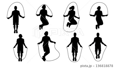 Black Solid Dynamic Arm Jump Rope Silhouettes Set of Six on White Background 136818878