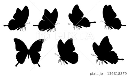 Black Solid Dynamic Butterfly Flight Silhouettes Set of Six on White Background 136818879