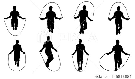 Black Solid Dynamic Warm Up Jump Rope Silhouettes Set of Six on White Background 136818884