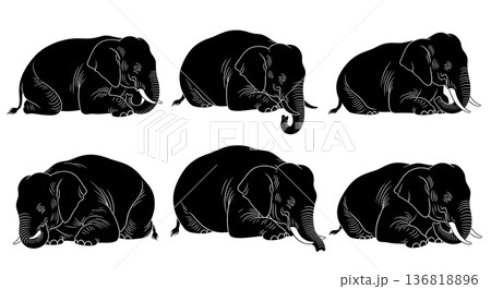 Black Solid Elephant Deep Sleep Silhouettes Set of Six on White Background Black Solid Elephant Deep Sleep Silhouettes Set of Six on White Background 136818896
