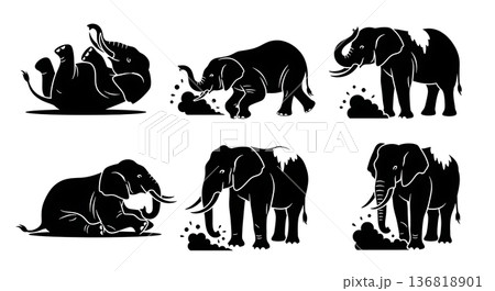 Black Solid Elephant Dust Bath Silhouettes Set of Six on White Background 136818901