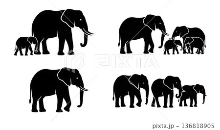 Black Solid Elephant Family Unit Silhouettes Set of Six on White Background Black Solid Elephant Family Unit Silhouettes Set of Six on White Background 136818905