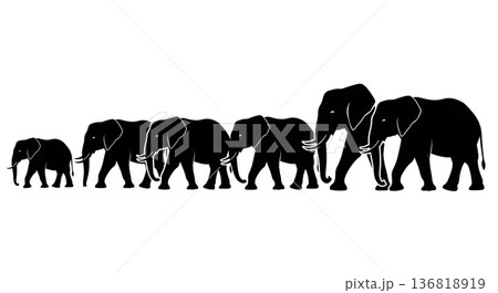 Black Solid Elephant Line Formation Silhouettes Set of Six on White Background 136818919