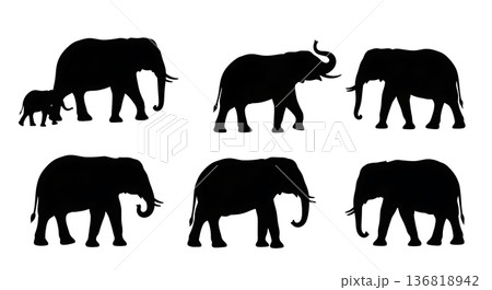 Black Solid Elephant Relaxed Family Outing Silhouettes Set of Six on White Background 136818942