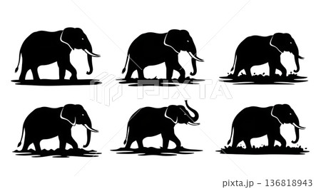 Black Solid Elephant River Crossing Silhouettes Set of Six on White Background 136818943