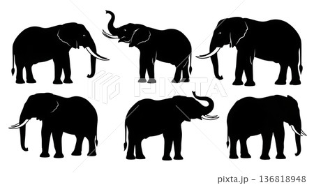 Black Solid Elephant Standing Still Silhouettes Set of Six on White Background 136818948