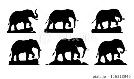Black Solid Elephant Stepping Over Obstacles Silhouettes Set of Six on White Background 136818949