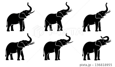 Black Solid Elephant Trumpeting Loud Silhouettes Set of Six on White Background 136818955