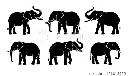 Black Solid Elephant Trunk Arc Over Back Silhouettes Set of Six on White Background 136818956