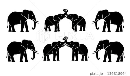 Black Solid Elephant Trunk Entwined Silhouettes Set of Six on White Background 136818964