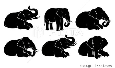 Black Solid Elephant Trunk Relaxed Silhouettes Set of Six on White Background 136818969