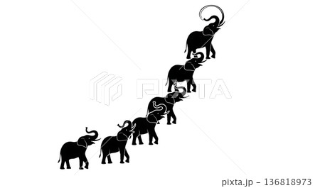 Black Solid Elephant Trunk Spiral Up Silhouettes Set of Six on White Background 136818973