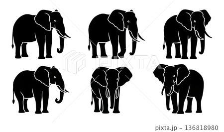 Black Solid Elephant Watchful Alert Silhouettes Set of Six on White Background 136818980
