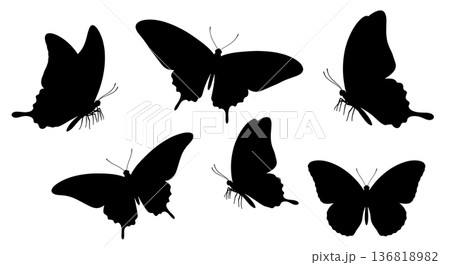 Black Solid Elongated Wing Butterfly Silhouettes Set of Six on White Background 136818982