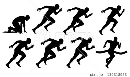 Black Solid Exertion Levels Sprint Silhouettes Set of Six on White Background 136818988