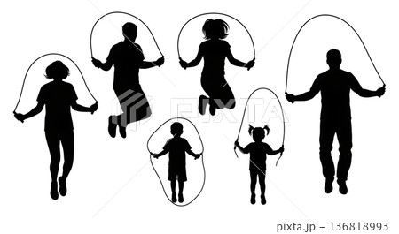 Black Solid Family Jump Rope Fun Silhouettes Set of Six on White Background Black Solid Family Jump Rope Fun Silhouettes Set of Six on White Background 136818993