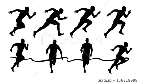 Black Solid Finish Line Sprint Silhouettes Set of Six on White Background 136818999