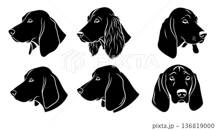 Black Solid Floppy Ear Dogs Silhouettes Set of Six on White Background Black Solid Floppy Ear Dogs Silhouettes Set of Six on White Background 136819000