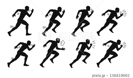 Black Solid Focused Breathing Sprint Silhouettes Set of Six on White Background 136819002