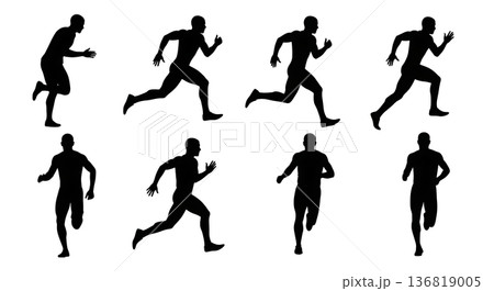 Black Solid Foot Dorsiflexion Sprint Silhouettes Set of Six on White Background 136819005