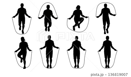 Black Solid Footwork Drills Jump Rope Silhouettes Set of Six on White Background 136819007