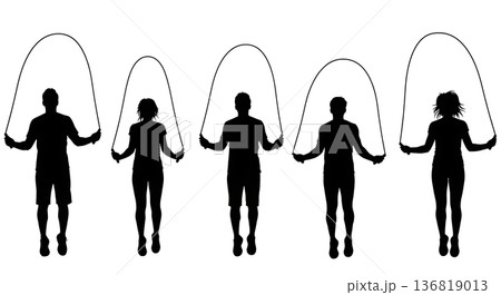 Black Solid Friends Jump Rope Group Silhouettes Set of Six on White Background 136819013