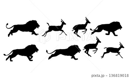 Black Solid Gazelle Chase Lion Silhouettes Set of Six on White Background 136819018