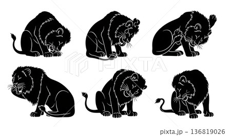 Black Solid Grooming Lion Silhouettes Set of Six on White Background 136819026