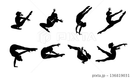 Black Solid Gymnast Aerial Walkovers Silhouettes Set of Six on White Background 136819031