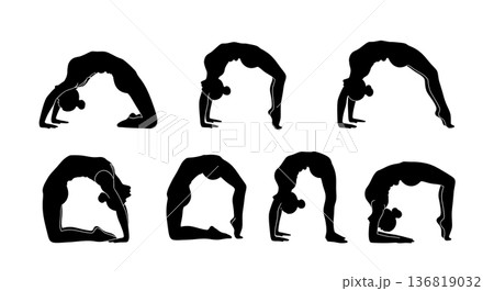 Black Solid Gymnast Arched Bodies Silhouettes Set of Six on White Background 136819032