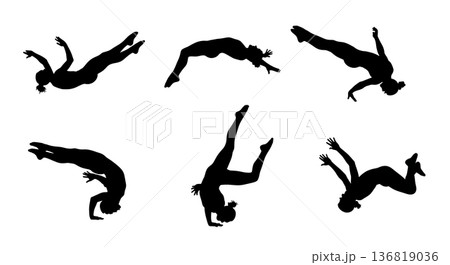 Black Solid Gymnast Balletic Movements Silhouettes Set of Six on White Background Black Solid Gymnast Balletic Movements Silhouettes Set of Six on White Background 136819036