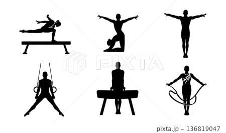 Black Solid Gymnast Deep Concentration Silhouettes Set of Six on White Background Black Solid Gymnast Deep Concentration Silhouettes Set of Six on White Background 136819047