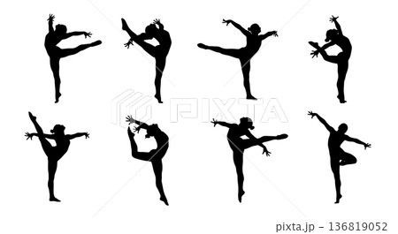 Black Solid Gymnast Final Poses Silhouettes Set of Six on White Background Black Solid Gymnast Final Poses Silhouettes Set of Six on White Background 136819052
