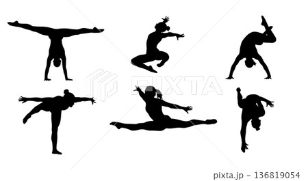 Black Solid Gymnast Floor Routine Silhouettes Set of Six on White Background Black Solid Gymnast Floor Routine Silhouettes Set of Six on White Background 136819054