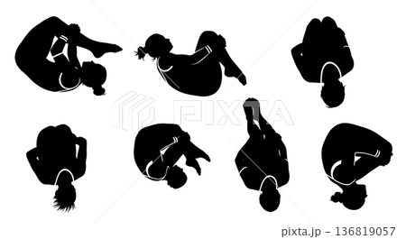 Black Solid Gymnast Front Tucks Silhouettes Set of Six on White Background Black Solid Gymnast Front Tucks Silhouettes Set of Six on White Background 136819057