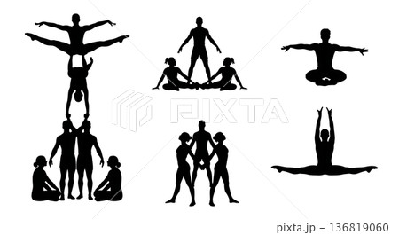 Black Solid Gymnast Group Formations Silhouettes Set of Six on White Background 136819060