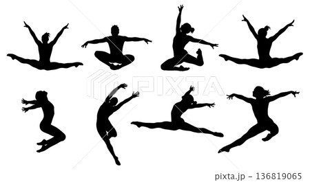 Black Solid Gymnast Leaps and Bounds Silhouettes Set of Six on White Background 136819065
